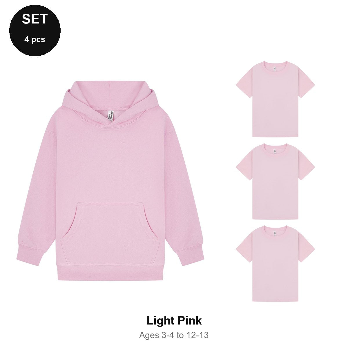 Kids Hoodie + 3 T-Shirts Set - 80% cotton / 20% polyester brushed-back fleece 280gsm, Ages 3-13 - Light Pink