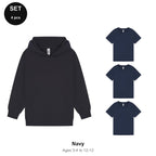 Kids Hoodie + 3 T-Shirts Set - 80% cotton / 20% polyester brushed-back fleece 280gsm, Ages 3-13 - Navy