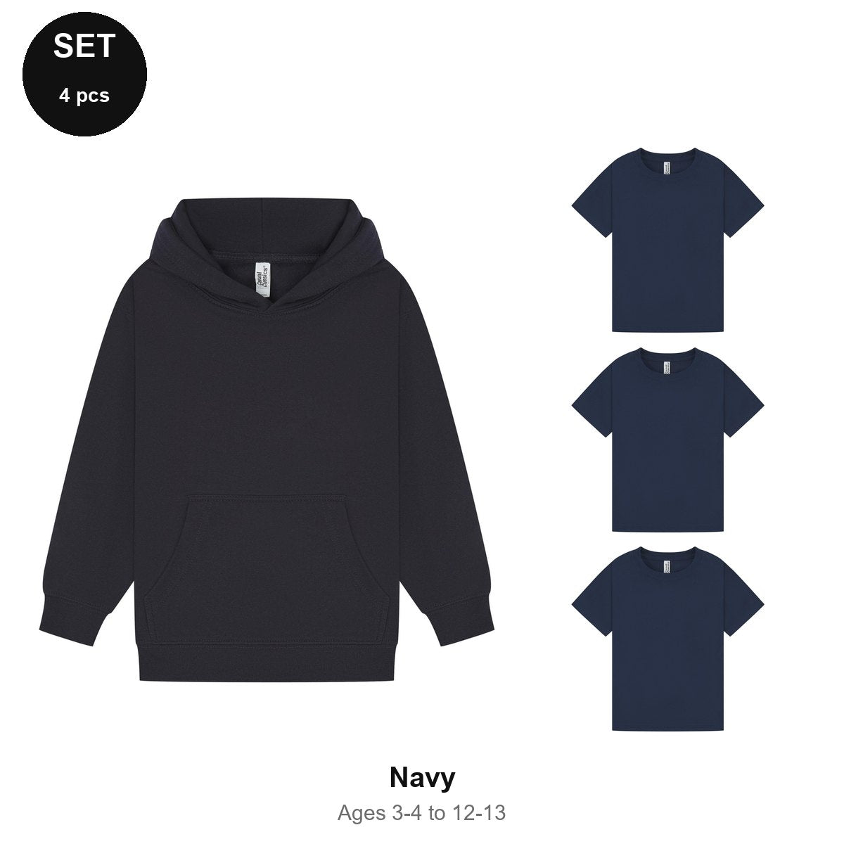Kids Hoodie + 3 T-Shirts Set - 80% cotton / 20% polyester brushed-back fleece 280gsm, Ages 3-13 - Navy