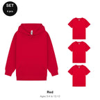 Kids Hoodie + 3 T-Shirts Set - 80% cotton / 20% polyester brushed-back fleece 280gsm, Ages 3-13 - Red