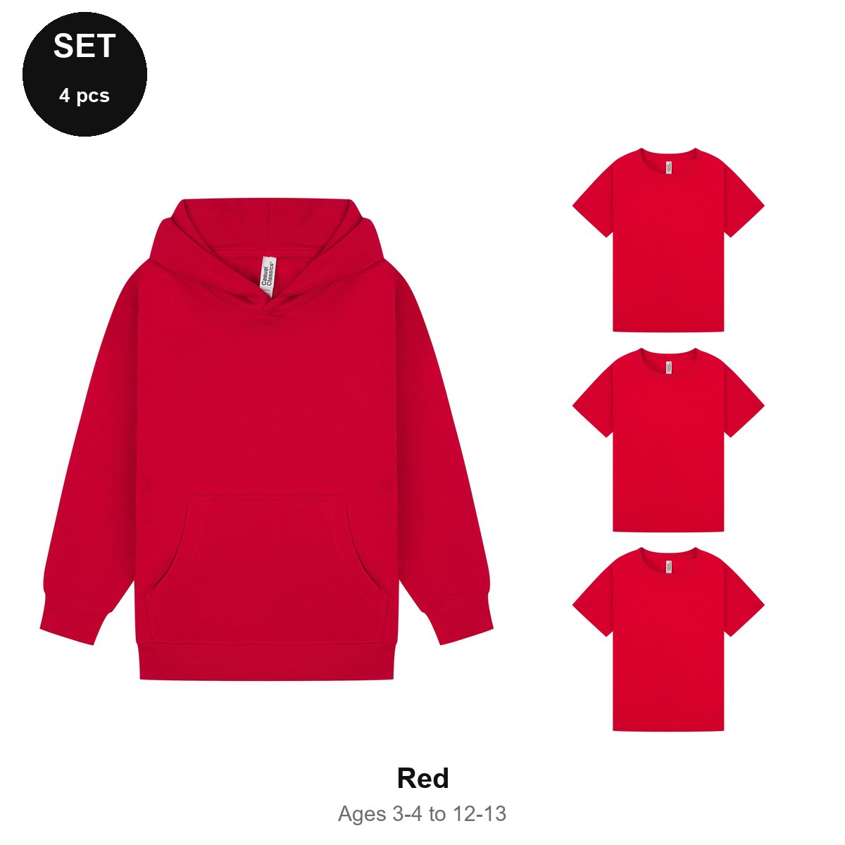 Kids Hoodie + 3 T-Shirts Set - 80% cotton / 20% polyester brushed-back fleece 280gsm, Ages 3-13 - Red