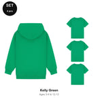 Kids Hoodie + 3 T-Shirts Set - 80% cotton / 20% polyester brushed-back fleece 280gsm, Ages 3-13 - Kelly Green