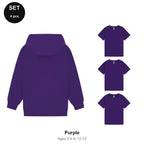 Kids Hoodie + 3 T-Shirts Set - 80% cotton / 20% polyester brushed-back fleece 280gsm, Ages 3-13 - Purple