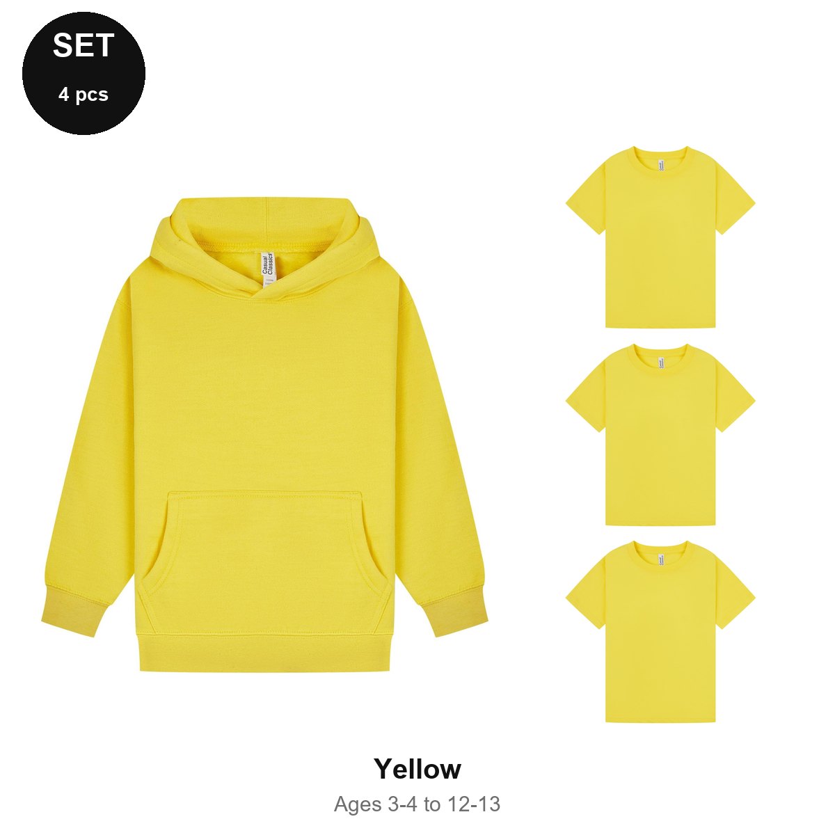 Kids Hoodie + 3 T-Shirts Set - 80% cotton / 20% polyester brushed-back fleece 280gsm, Ages 3-13 - Yellow