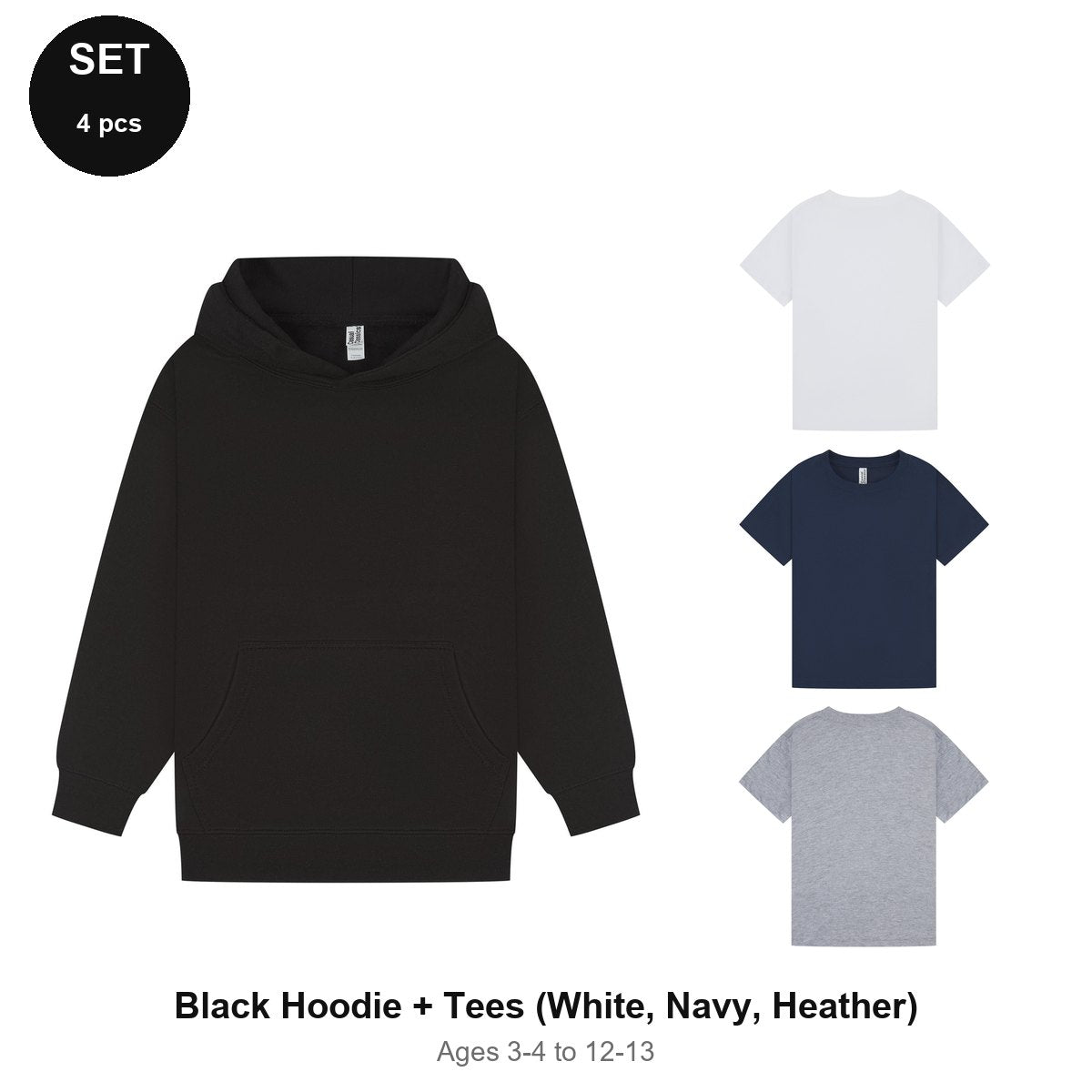 Kids Hoodie + 3 T-Shirts Set - 80% cotton / 20% polyester brushed-back fleece 280gsm, Ages 3-13 - Black Hoodie + Tees (White, Navy, Heather)