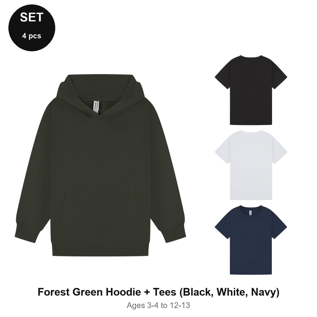 Kids Hoodie + 3 T-Shirts Set - 80% cotton / 20% polyester brushed-back fleece 280gsm, Ages 3-13 - Forest Green Hoodie + Tees (Black, White, Navy)