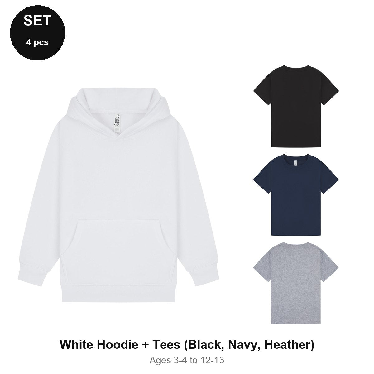 Kids Hoodie + 3 T-Shirts Set - 80% cotton / 20% polyester brushed-back fleece 280gsm, Ages 3-13 - White Hoodie + Tees (Black, Navy, Heather)