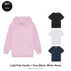 Kids Hoodie + 3 T-Shirts Set - 80% cotton / 20% polyester brushed-back fleece 280gsm, Ages 3-13 - Light Pink Hoodie + Tees (Black, White, Navy)