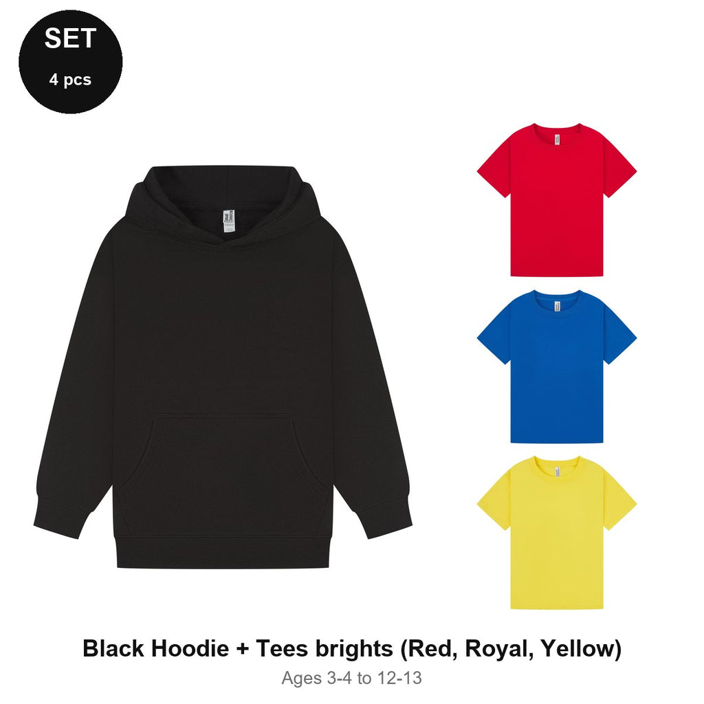 Kids Hoodie + 3 T-Shirts Set - 80% cotton / 20% polyester brushed-back fleece 280gsm, Ages 3-13 - Black Hoodie + Tees brights (Red, Royal, Yellow)