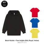 Kids Hoodie + 3 T-Shirts Set - 80% cotton / 20% polyester brushed-back fleece 280gsm, Ages 3-13 - Black Hoodie + Tees brights (Red, Royal, Yellow)
