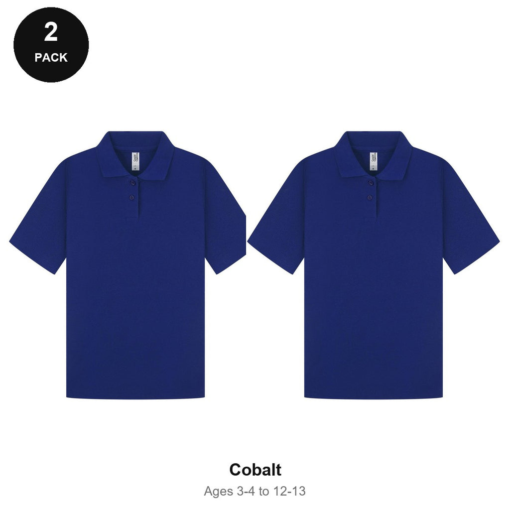 Kids School Polo Shirts 2 Pack - 65% polyester / 35% cotton pique 200gsm, Ages 3-13, School & PE - Cobalt