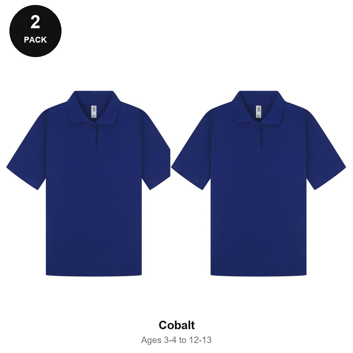 Kids School Polo Shirts 2 Pack - 65% polyester / 35% cotton pique 200gsm, Ages 3-13, School & PE - Cobalt