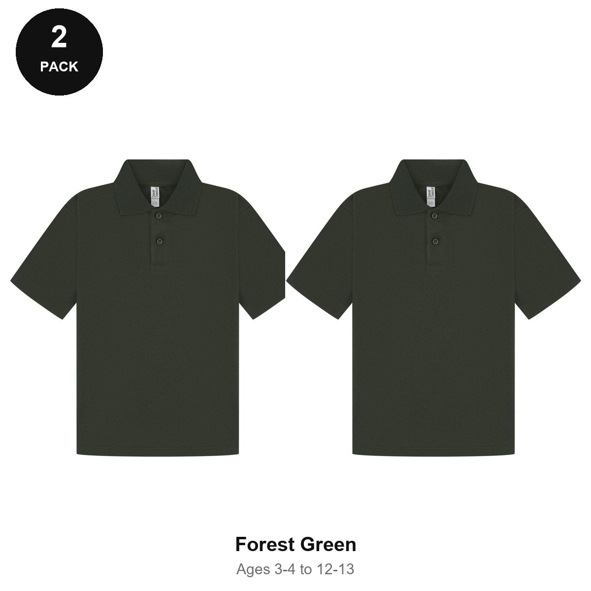 Kids School Polo Shirts 2 Pack - 65% polyester / 35% cotton pique 200gsm, Ages 3-13, School & PE - Forest Green