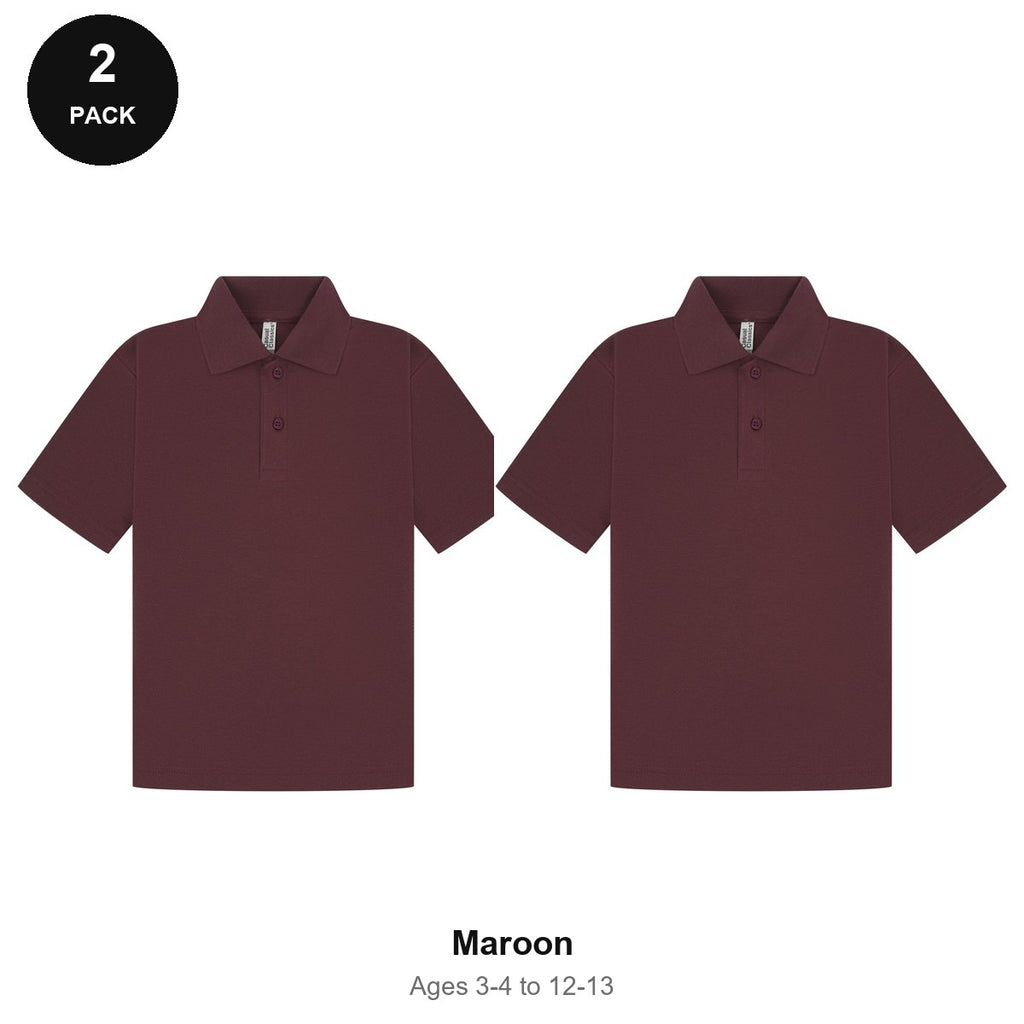 Kids School Polo Shirts 2 Pack - 65% polyester / 35% cotton pique 200gsm, Ages 3-13, School & PE - Maroon