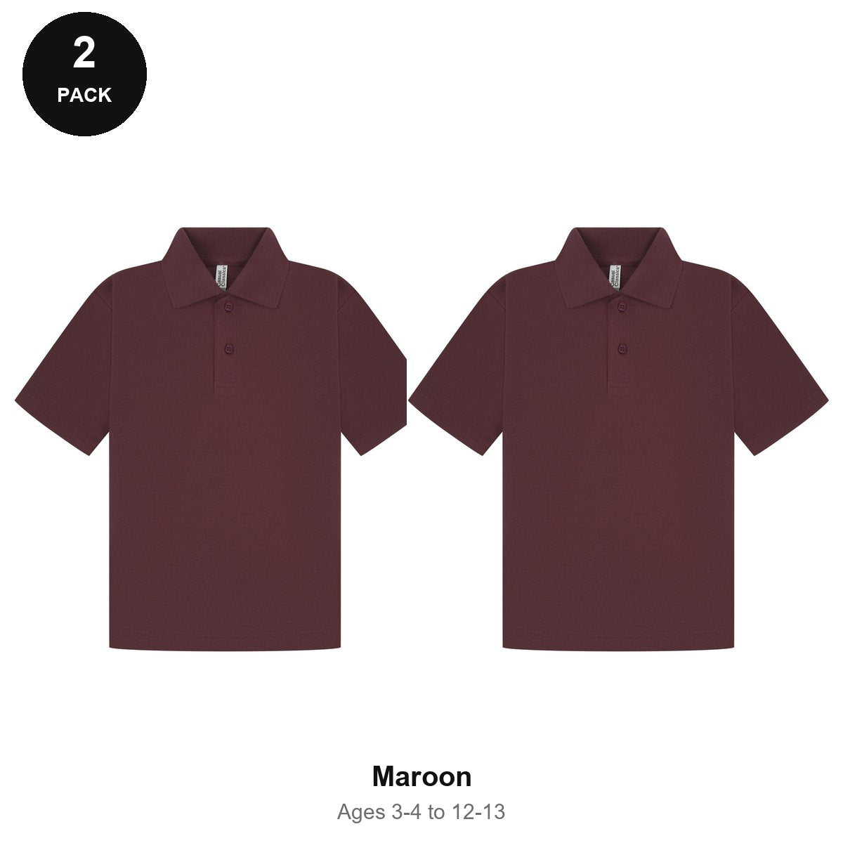 Kids School Polo Shirts 2 Pack - 65% polyester / 35% cotton pique 200gsm, Ages 3-13, School & PE - Maroon