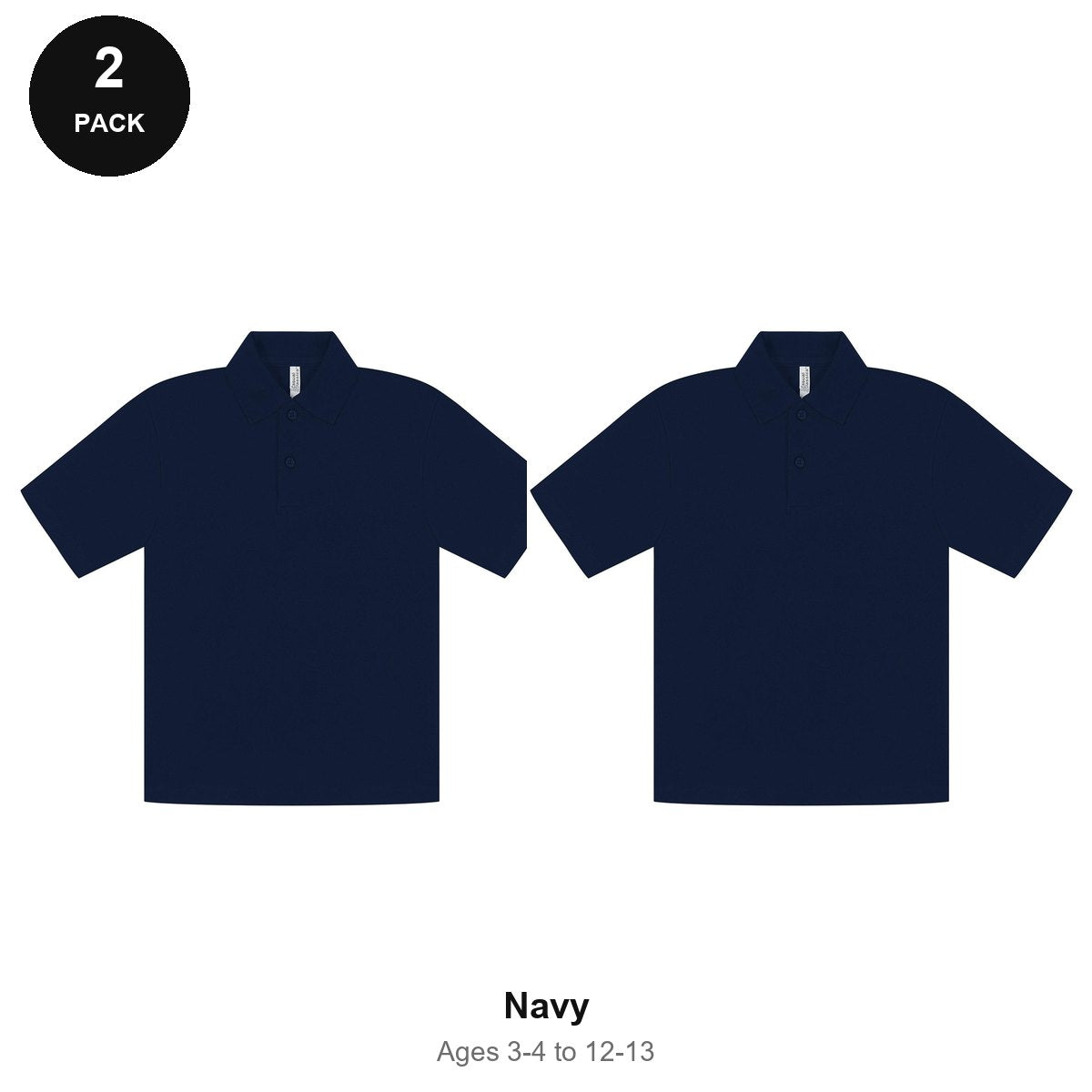 Kids School Polo Shirts 2 Pack - 65% polyester / 35% cotton pique 200gsm, Ages 3-13, School & PE - Navy