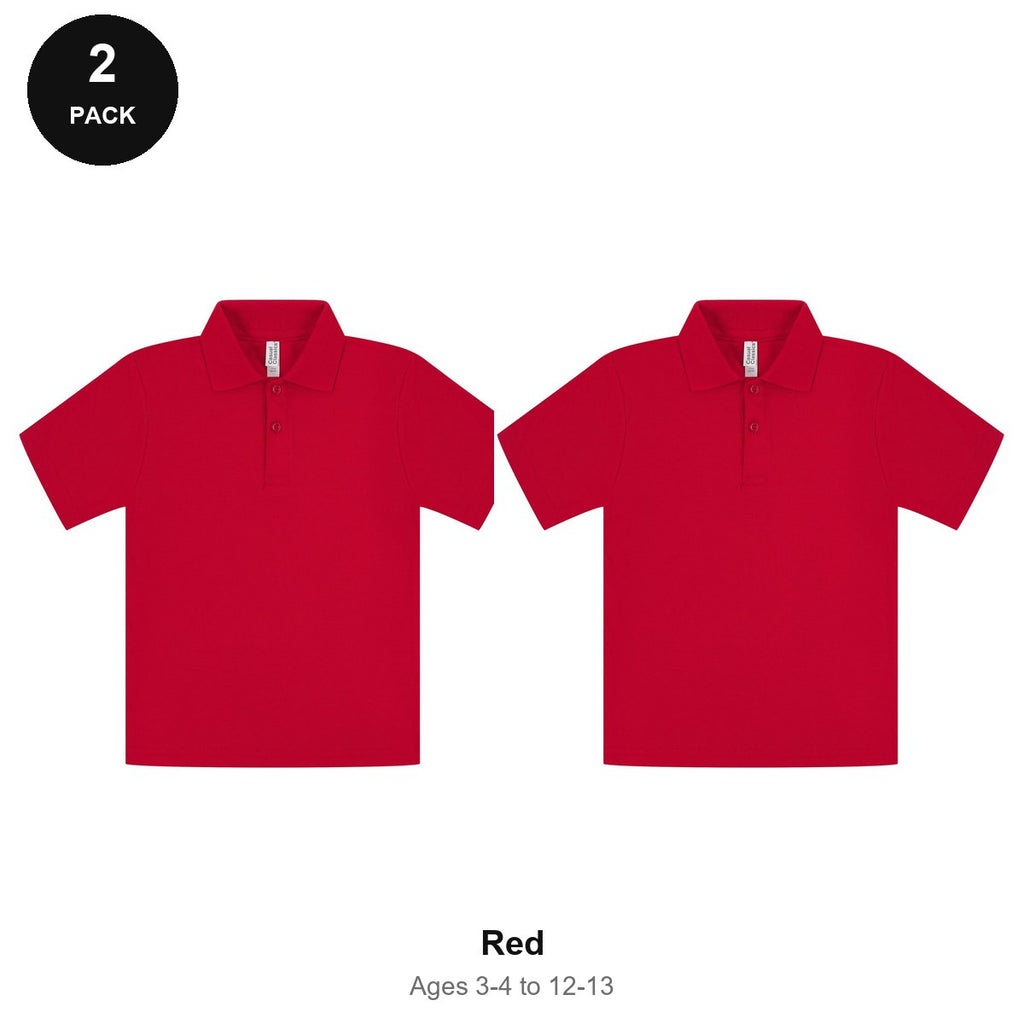 Kids School Polo Shirts 2 Pack - 65% polyester / 35% cotton pique 200gsm, Ages 3-13, School & PE - Red