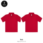 Kids School Polo Shirts 2 Pack - 65% polyester / 35% cotton pique 200gsm, Ages 3-13, School & PE - Red