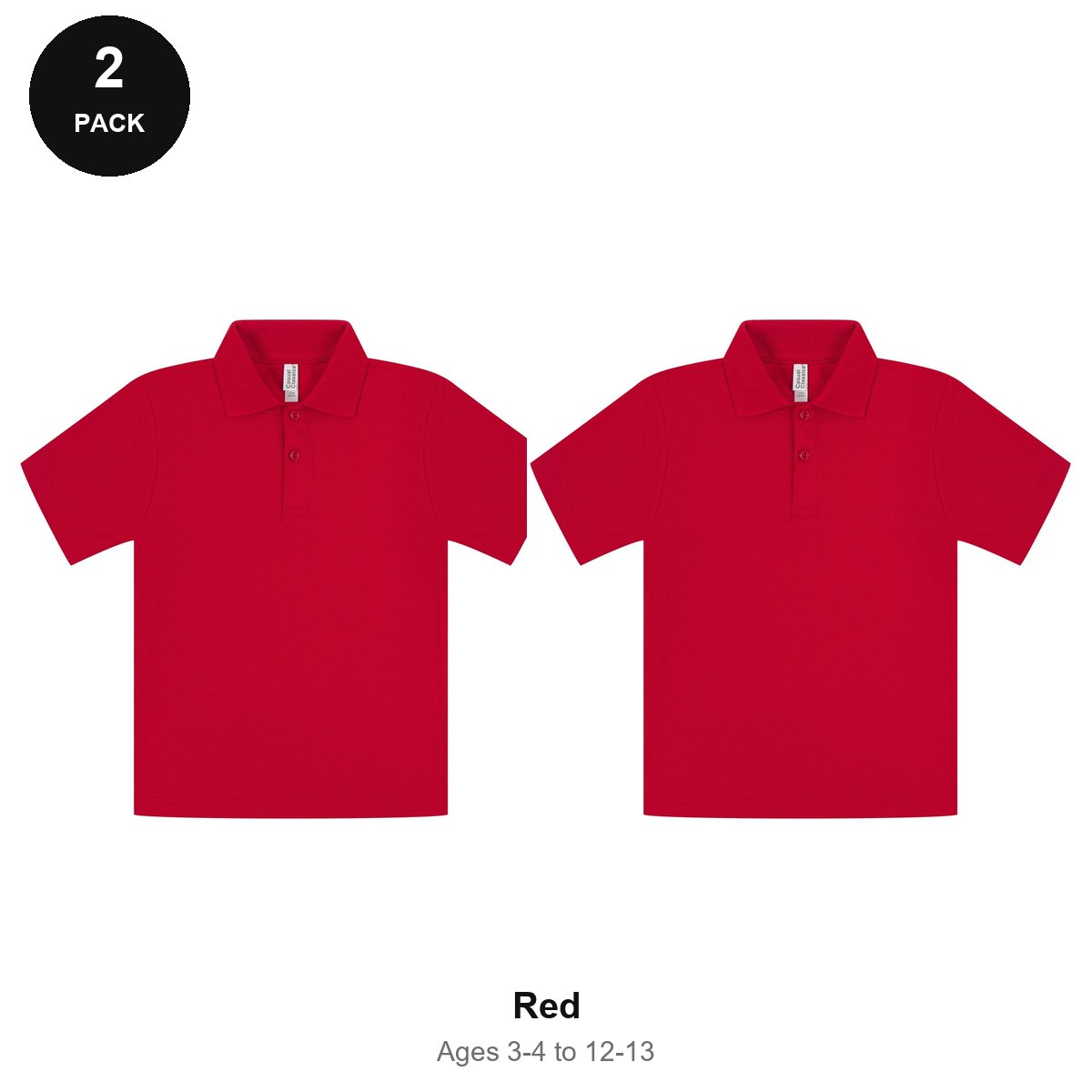 Kids School Polo Shirts 2 Pack - 65% polyester / 35% cotton pique 200gsm, Ages 3-13, School & PE - Red
