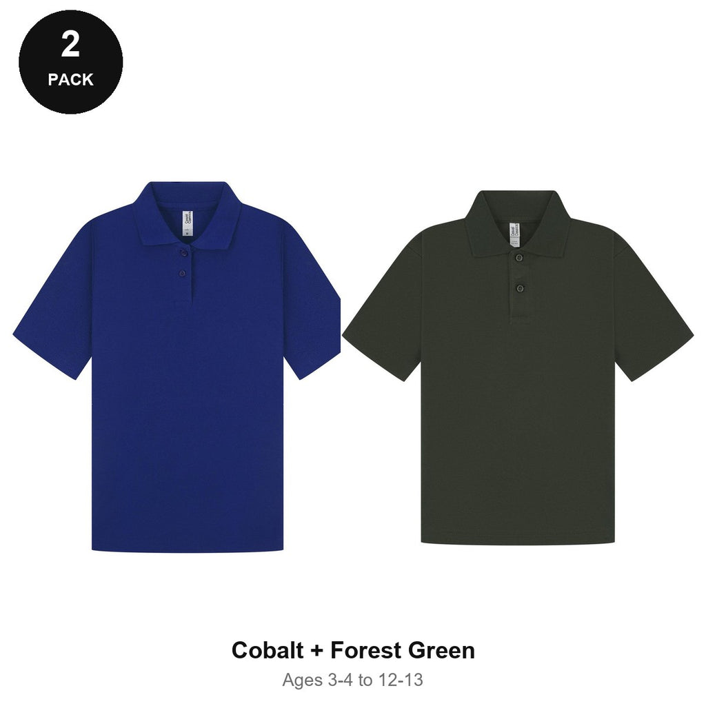 Kids School Polo Shirts 2 Pack - 65% polyester / 35% cotton pique 200gsm, Ages 3-13, School & PE - Cobalt + Forest Green