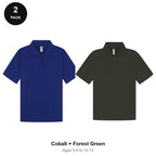 Kids School Polo Shirts 2 Pack - 65% polyester / 35% cotton pique 200gsm, Ages 3-13, School & PE - Cobalt + Forest Green