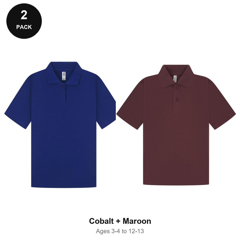 Kids School Polo Shirts 2 Pack - 65% polyester / 35% cotton pique 200gsm, Ages 3-13, School & PE - Cobalt + Maroon