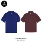 Kids School Polo Shirts 2 Pack - 65% polyester / 35% cotton pique 200gsm, Ages 3-13, School & PE - Cobalt + Maroon