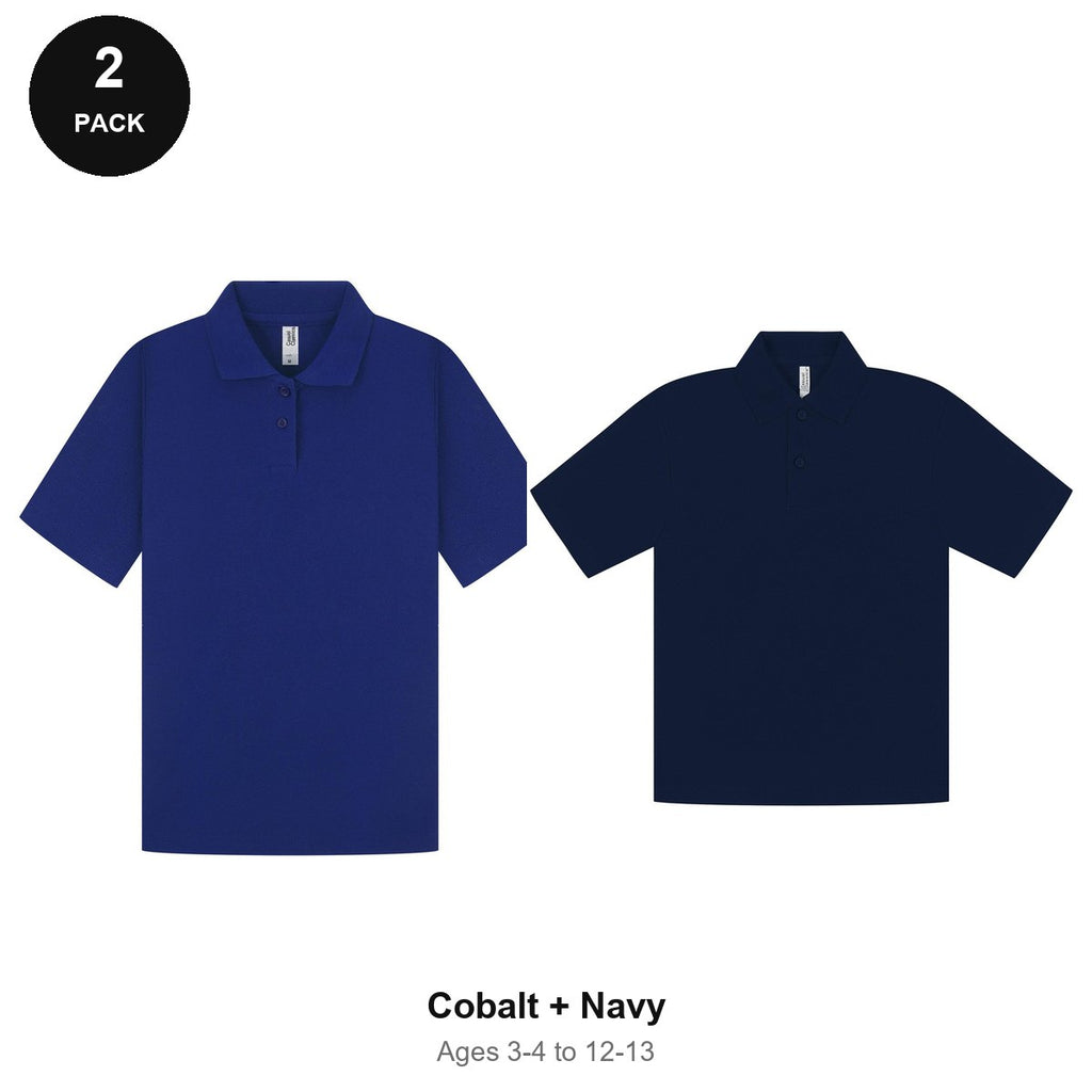 Kids School Polo Shirts 2 Pack - 65% polyester / 35% cotton pique 200gsm, Ages 3-13, School & PE - Cobalt + Navy