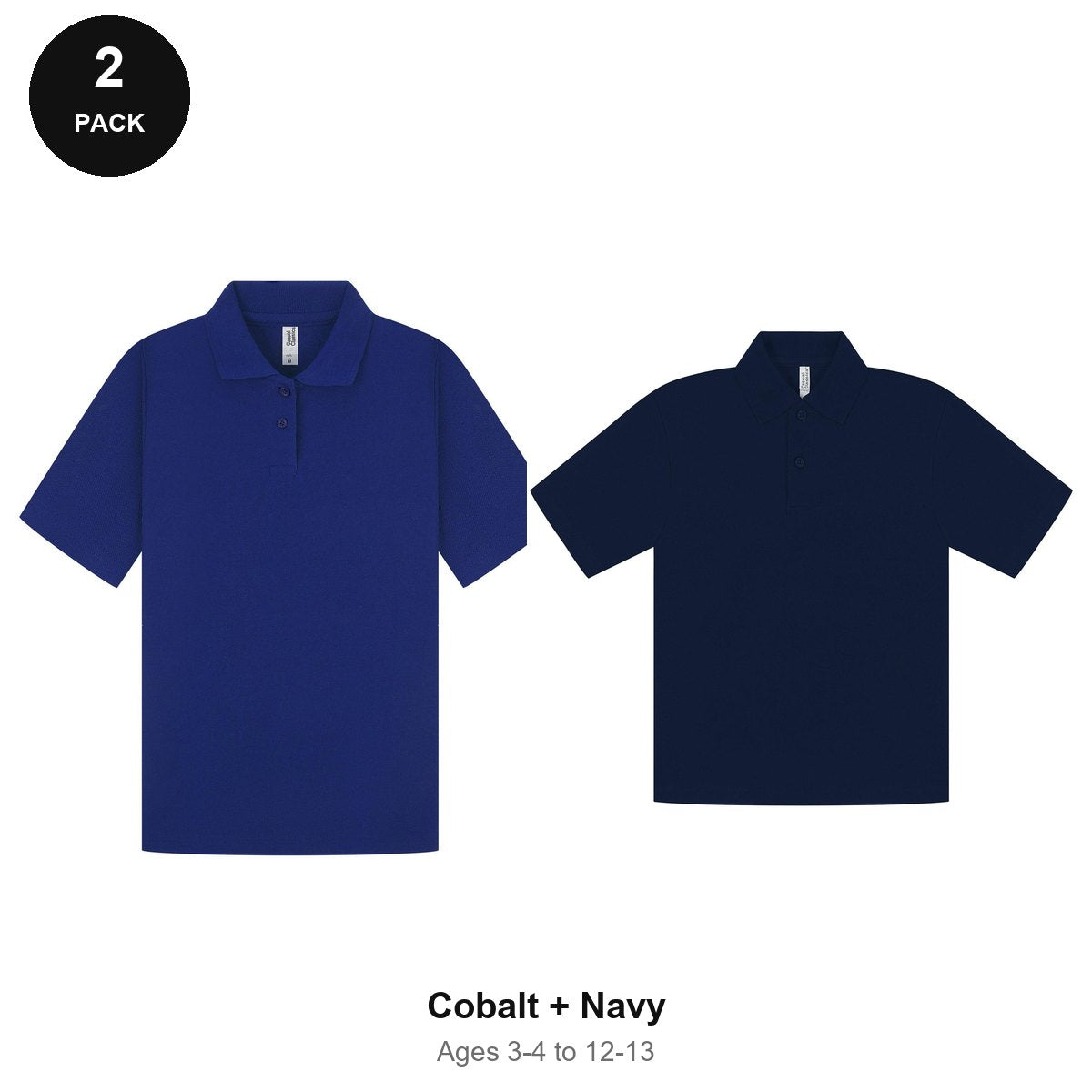 Kids School Polo Shirts 2 Pack - 65% polyester / 35% cotton pique 200gsm, Ages 3-13, School & PE - Cobalt + Navy