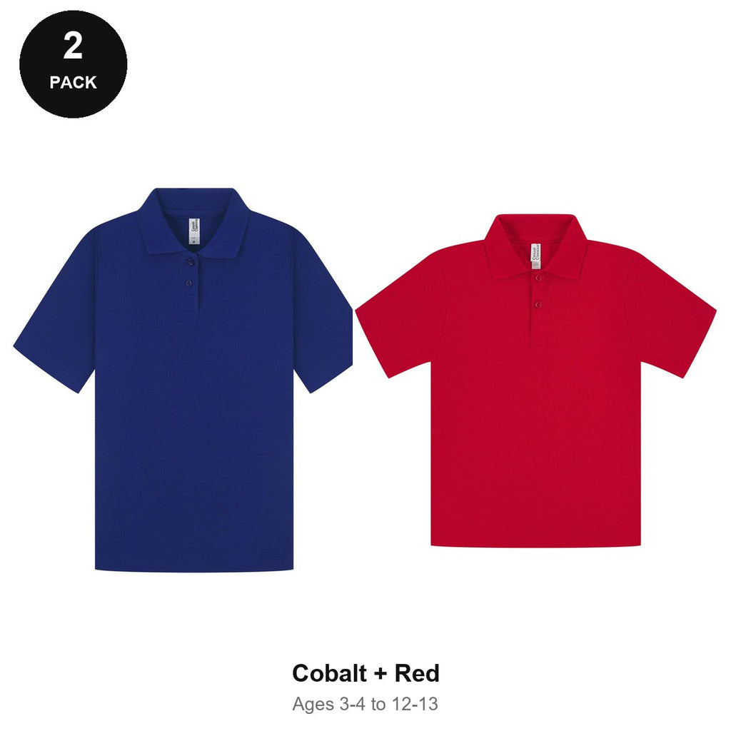 Kids School Polo Shirts 2 Pack - 65% polyester / 35% cotton pique 200gsm, Ages 3-13, School & PE - Cobalt + Red