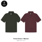 Kids School Polo Shirts 2 Pack - 65% polyester / 35% cotton pique 200gsm, Ages 3-13, School & PE - Forest Green + Maroon