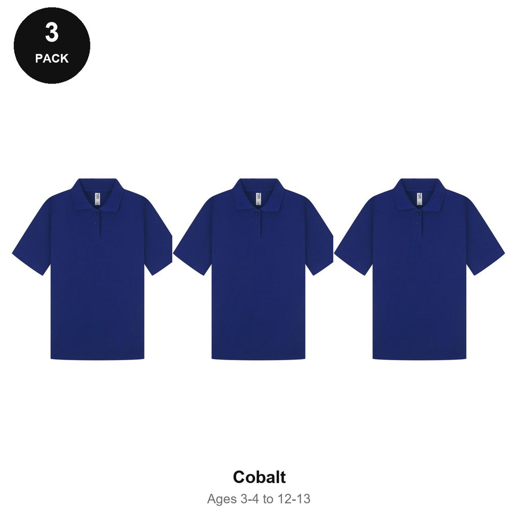 Kids School Polo Shirts 3 Pack - 65% polyester / 35% cotton pique 200gsm, Ages 3-13, School & PE - Cobalt