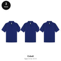 Kids School Polo Shirts 3 Pack - 65% polyester / 35% cotton pique 200gsm, Ages 3-13, School & PE - Cobalt