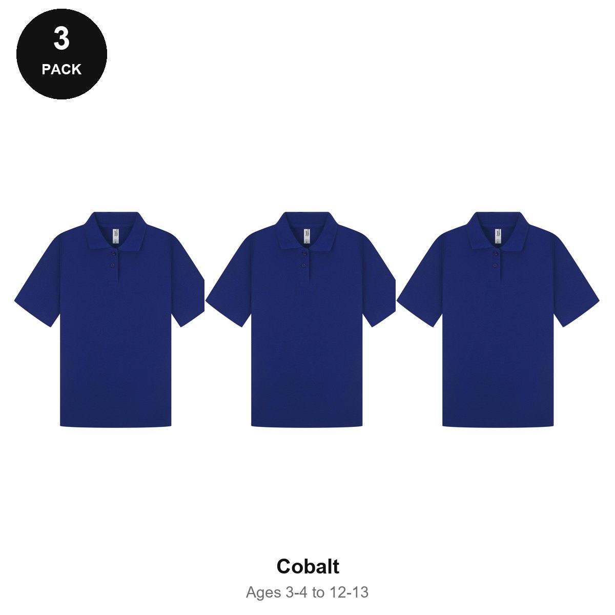 Kids School Polo Shirts 3 Pack - 65% polyester / 35% cotton pique 200gsm, Ages 3-13, School & PE - Cobalt