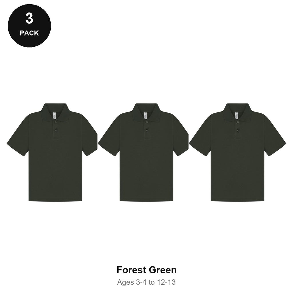 Kids School Polo Shirts 3 Pack - 65% polyester / 35% cotton pique 200gsm, Ages 3-13, School & PE - Forest Green