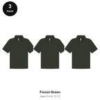 Kids School Polo Shirts 3 Pack - 65% polyester / 35% cotton pique 200gsm, Ages 3-13, School & PE - Forest Green