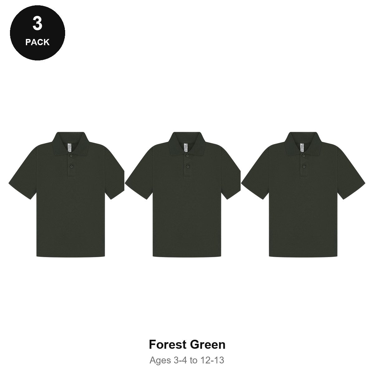 Kids School Polo Shirts 3 Pack - 65% polyester / 35% cotton pique 200gsm, Ages 3-13, School & PE - Forest Green