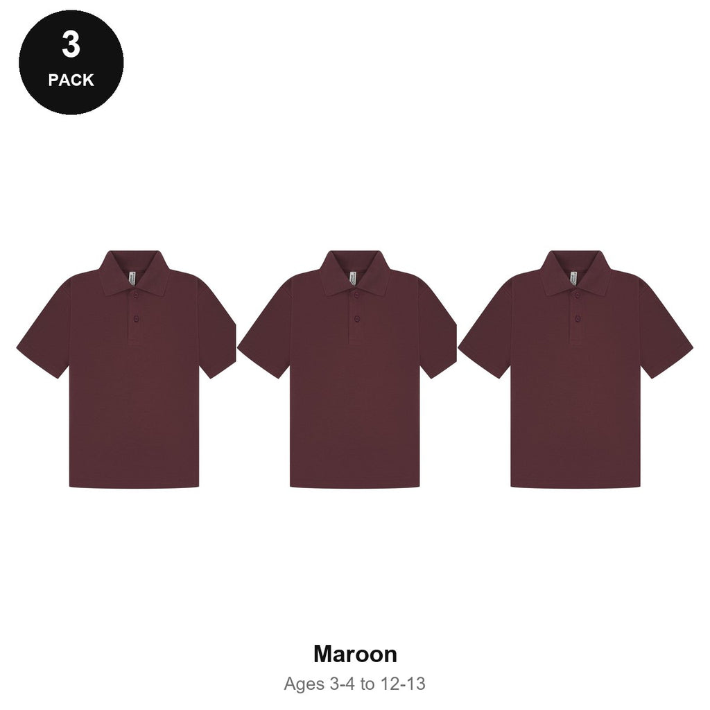 Kids School Polo Shirts 3 Pack - 65% polyester / 35% cotton pique 200gsm, Ages 3-13, School & PE - Maroon