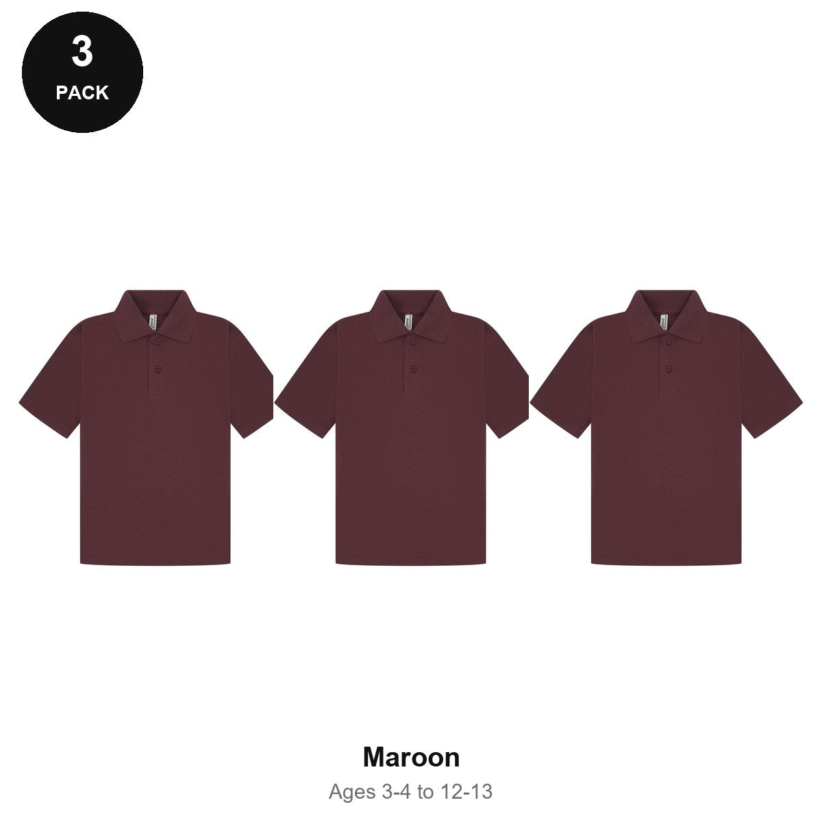 Kids School Polo Shirts 3 Pack - 65% polyester / 35% cotton pique 200gsm, Ages 3-13, School & PE - Maroon