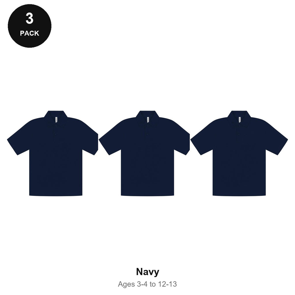 Kids School Polo Shirts 3 Pack - 65% polyester / 35% cotton pique 200gsm, Ages 3-13, School & PE - Navy