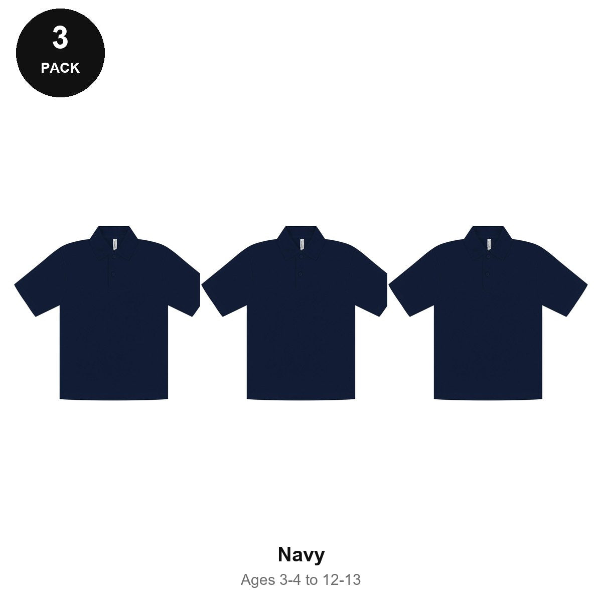 Kids School Polo Shirts 3 Pack - 65% polyester / 35% cotton pique 200gsm, Ages 3-13, School & PE - Navy