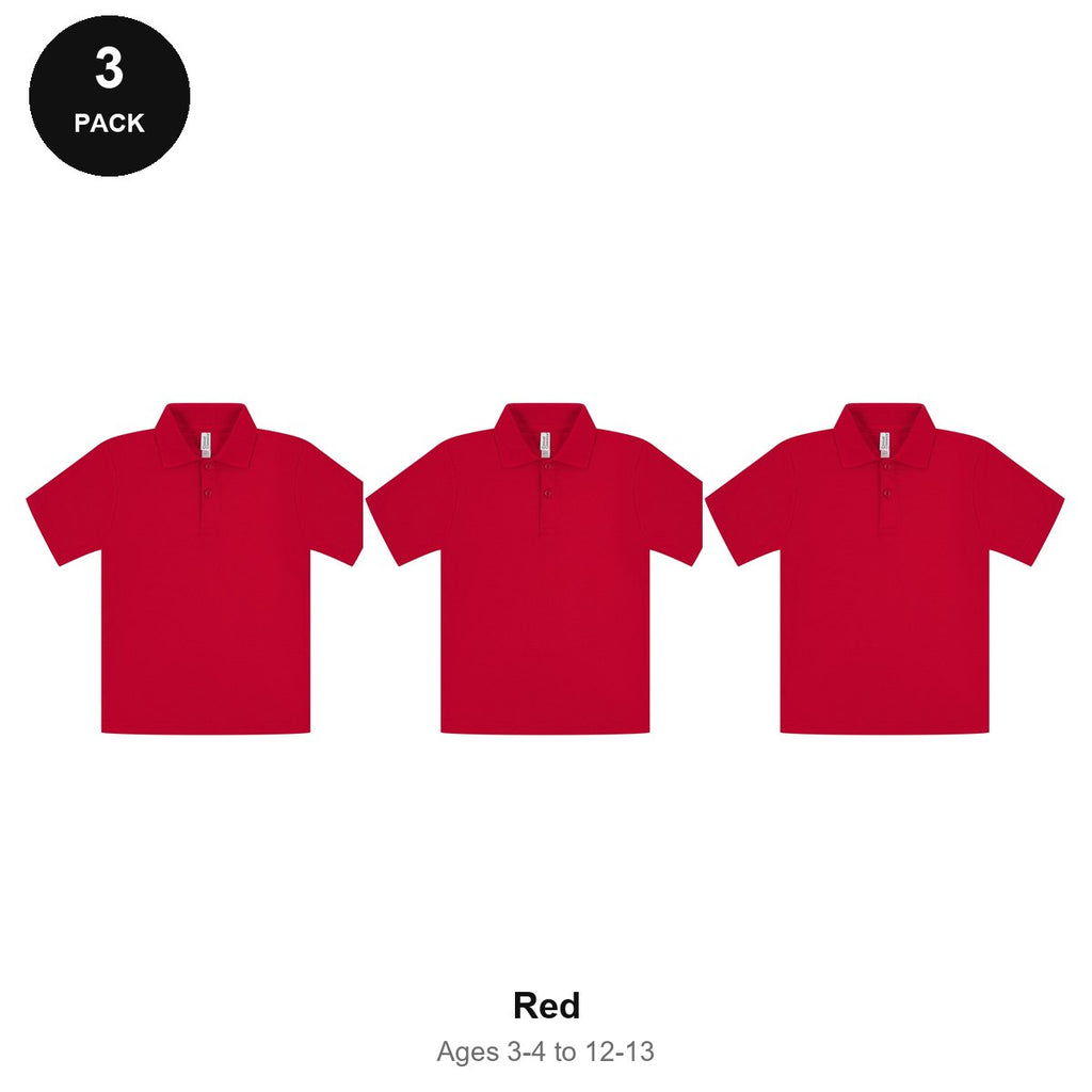 Kids School Polo Shirts 3 Pack - 65% polyester / 35% cotton pique 200gsm, Ages 3-13, School & PE - Red