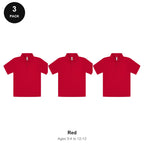 Kids School Polo Shirts 3 Pack - 65% polyester / 35% cotton pique 200gsm, Ages 3-13, School & PE - Red
