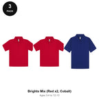 Kids School Polo Shirts 3 Pack - 65% polyester / 35% cotton pique 200gsm, Ages 3-13, School & PE - Brights Mix (Red x2, Cobalt)