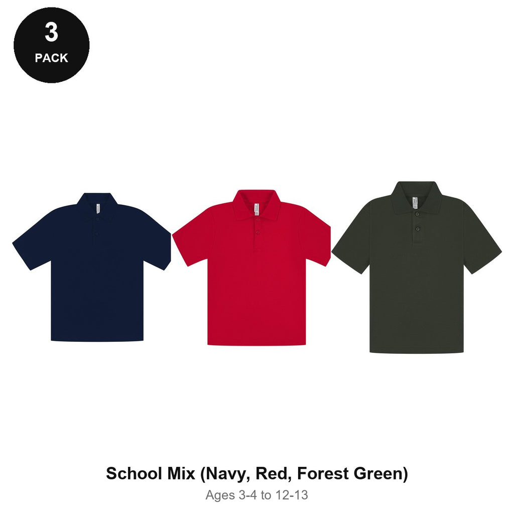Kids School Polo Shirts 3 Pack - 65% polyester / 35% cotton pique 200gsm, Ages 3-13, School & PE - School Mix (Navy, Red, Forest Green)