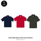 Kids School Polo Shirts 3 Pack - 65% polyester / 35% cotton pique 200gsm, Ages 3-13, School & PE - School Mix (Navy, Red, Forest Green)