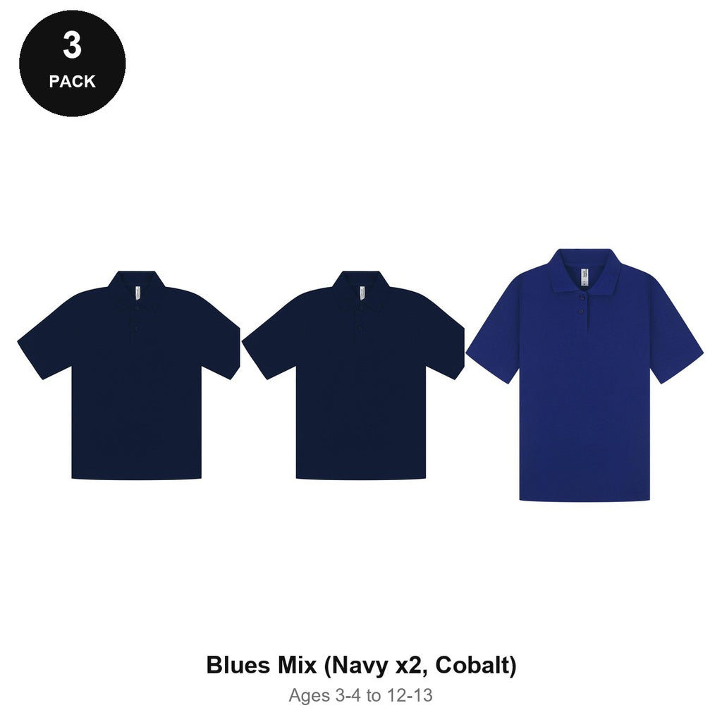 Kids School Polo Shirts 3 Pack - 65% polyester / 35% cotton pique 200gsm, Ages 3-13, School & PE - Blues Mix (Navy x2, Cobalt)