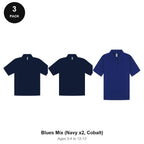 Kids School Polo Shirts 3 Pack - 65% polyester / 35% cotton pique 200gsm, Ages 3-13, School & PE - Blues Mix (Navy x2, Cobalt)