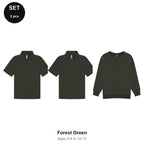 Kids School Starter Set: 2 Polos + Sweatshirt - 65% polyester / 35% cotton pique 200gsm, Ages 3-13, School & PE - Forest Green