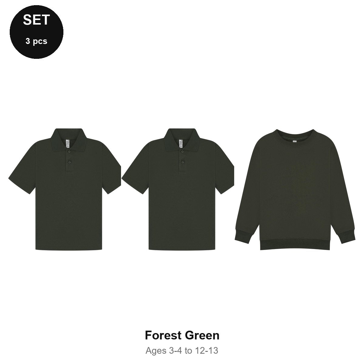 Kids School Starter Set: 2 Polos + Sweatshirt - 65% polyester / 35% cotton pique 200gsm, Ages 3-13, School & PE - Forest Green